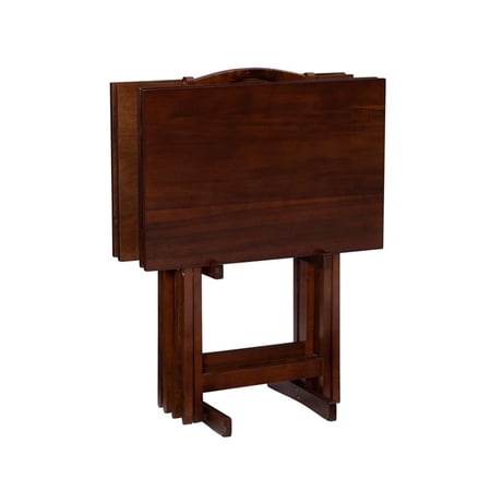 Pemberly Row Transitional Solid Wood Five Piece Tray Table Set in Hazelnut Brown