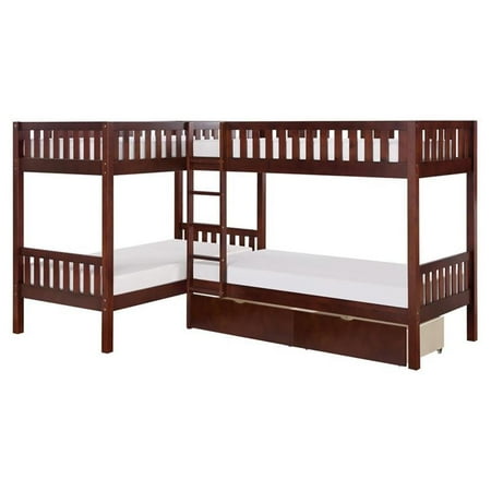 Pemberly Row Transitional Wood Corner Bunk Bed with Storage Boxes in Dark Cherry