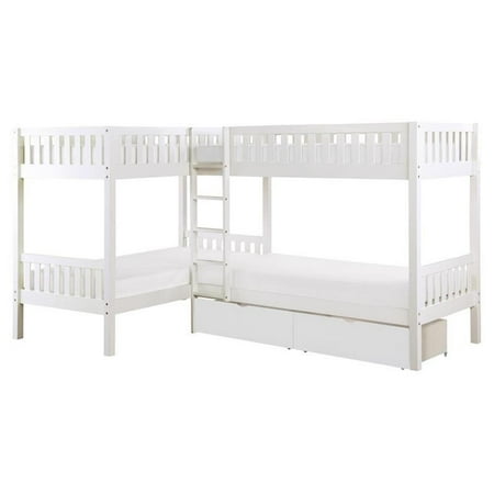 Pemberly Row Transitional Wood Corner Bunk Bed with Storage Boxes in White
