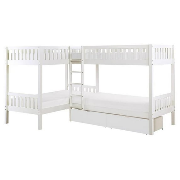 Pemberly Row Transitional Wood Corner Bunk Bed with Storage Boxes in White