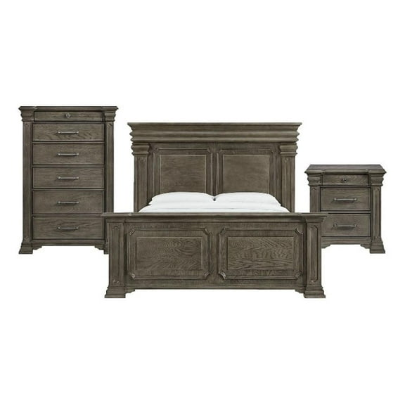 Pemberly Row Transitional Wood King 3PC Bedroom Set in Gray Finish