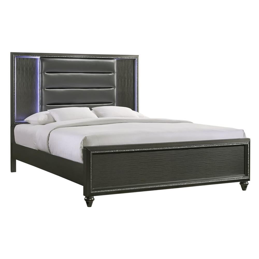 King Black Upholstered Wood Frame Panel Bed with Headboard
