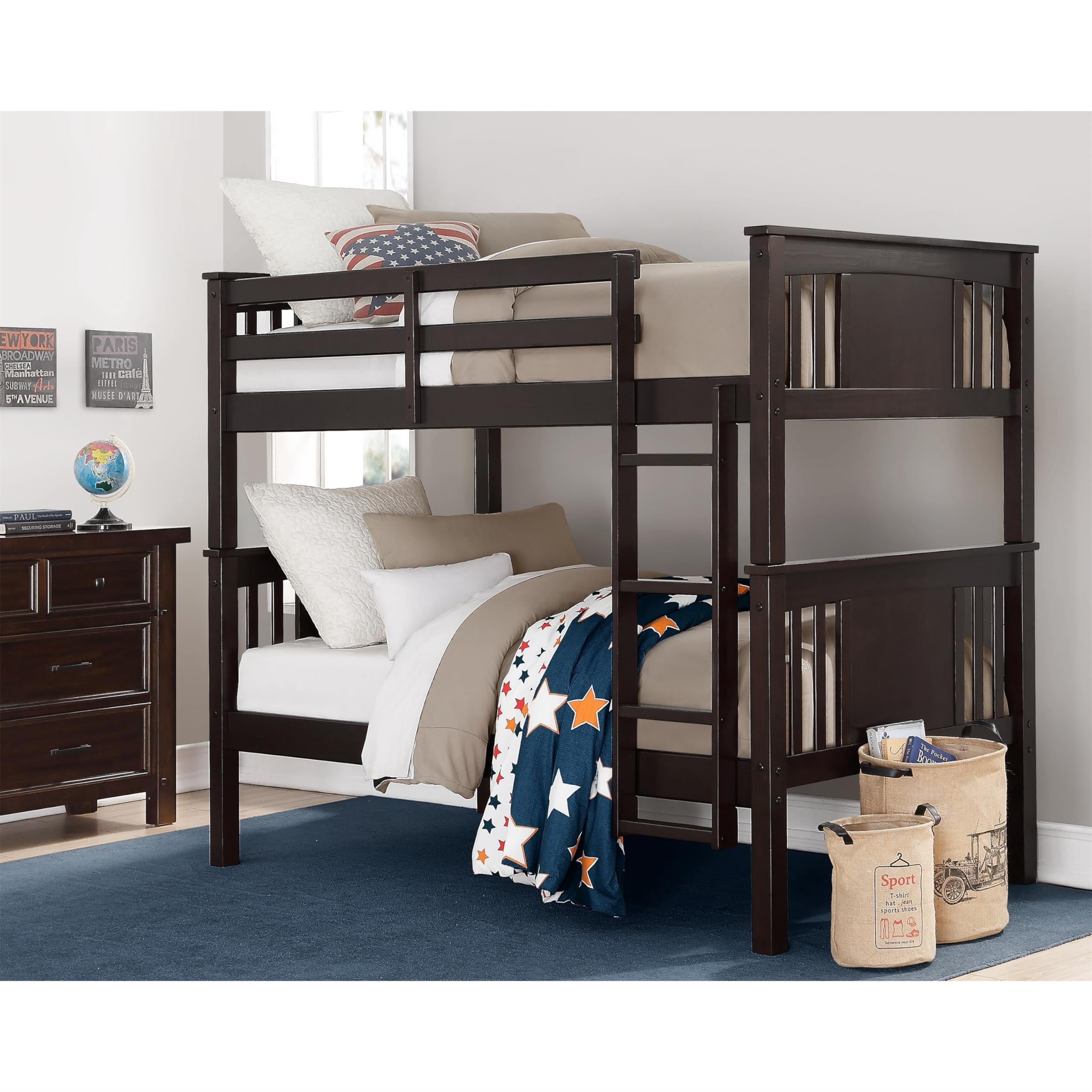 Pemberly Row Transitional Wood Twin Bunk Bed in Espresso Finish ...