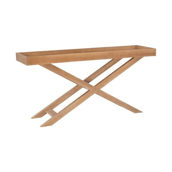 Pemberly Row Transitional Wood X Base Console Table With Glass Top in Natural