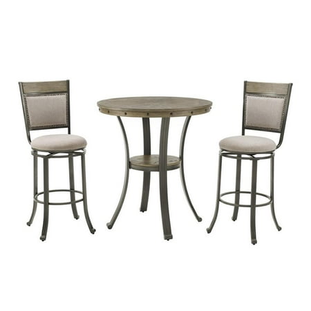 Pemberley Row MDF Ash Veneer Champagne Pewter 3 Piece Pub Set Round Table Storage Unassembled