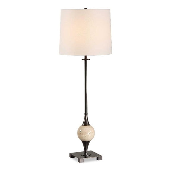 Pemberly Row Travertine Orb Accented Buffet Lamp with Linen Shade in Bronze