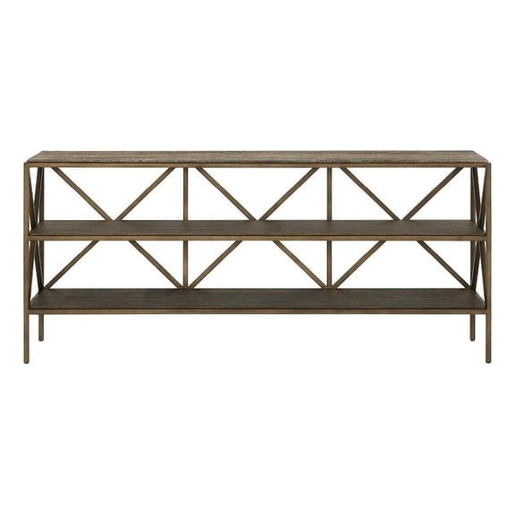 Pemberly Row Travertine and Smoked Gold Console Table in Dark Gray