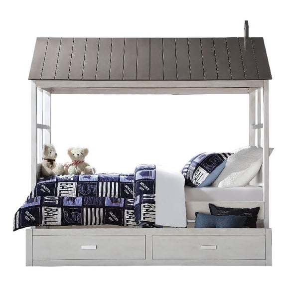 Pemberly Row Tree House Design Twin Bed with 14 Slats in White and Gray