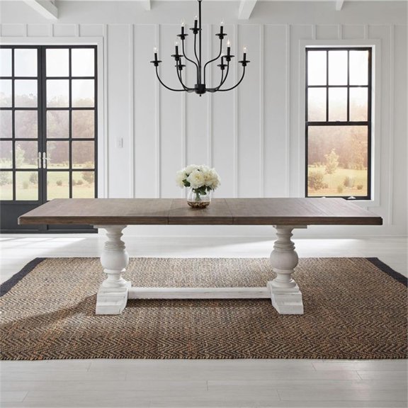 Pemberly Row Trestle Dining Room Table with Self Storing Leaf in White