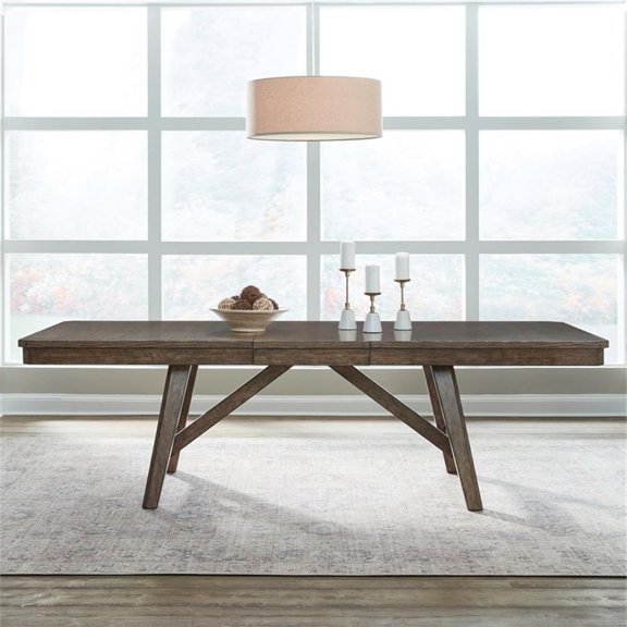 Pemberly Row Trestle Dining Table with 20 Inch Self Storing Leaf in Brown