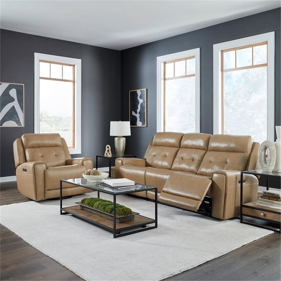 Pemberly Row Triple Power Reclining Sofa and Recliner Set in York Sand Leather