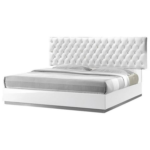 Pemberly Row Tufted Crystals East King Platform Bed in White/Silver Base