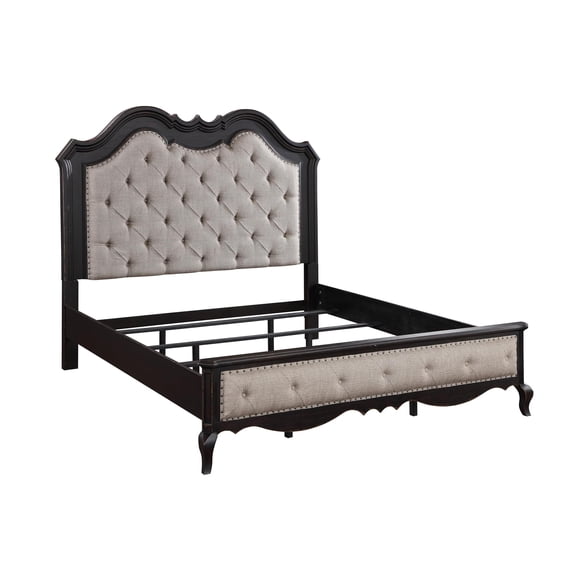 Pemberly Row Tufted Fabric & Wood Eastern King Bed in Beige/Antique Black