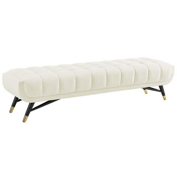 Pemberly Row Tufted Performance Velvet Bench in Ivory and Black