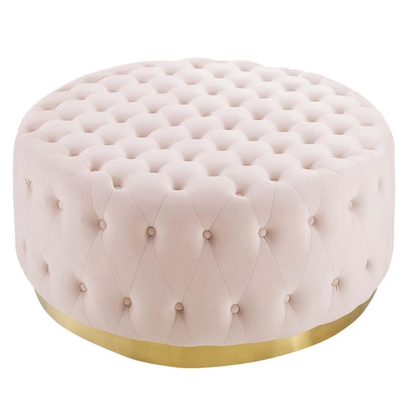 Pemberly Row Tufted Performance Velvet Fabric Round Ottoman in Pink