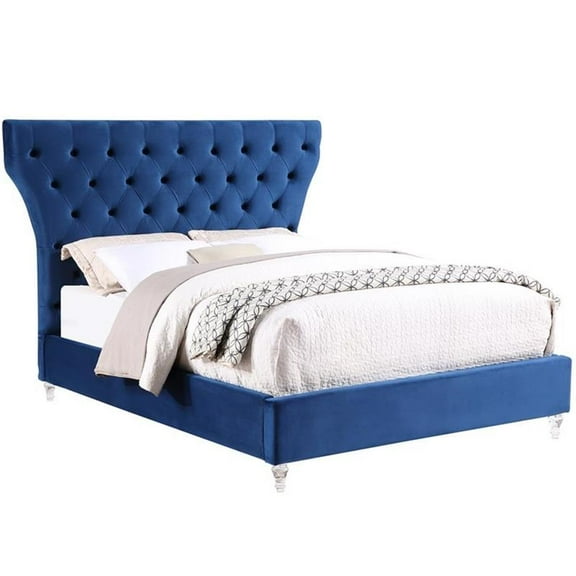 Pemberly Row Tufted Velvet King Platform Bed in Navy/Acrylic Legs