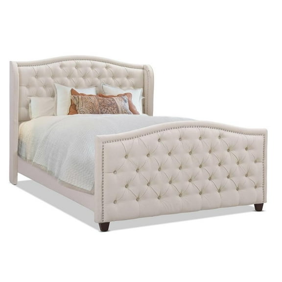 Pemberly Row Tufted Wingback Queen Bed with Nailhead Trim in Sky Neutral