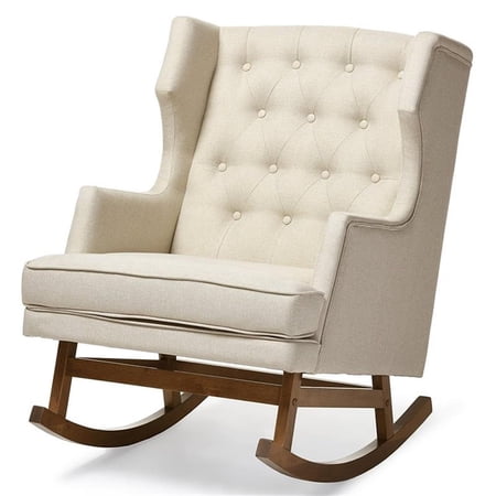 Pemberly Row Tufted Wingback Rocker in Light Beige and Walnut