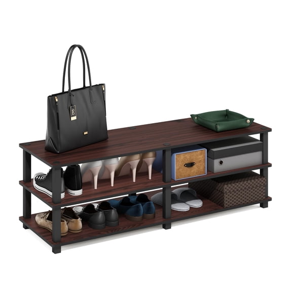 Pemberly Row Turn-S-Tube Wood 3-Tier Shoe Storage Rack in Dark Cherry/Black