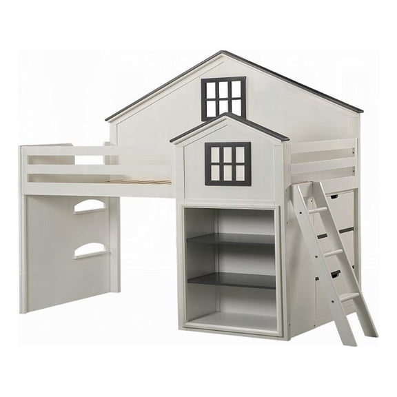 Pemberly Row Twin Loft Bed w/ House Design & Built In Bookshelf in White & Gray