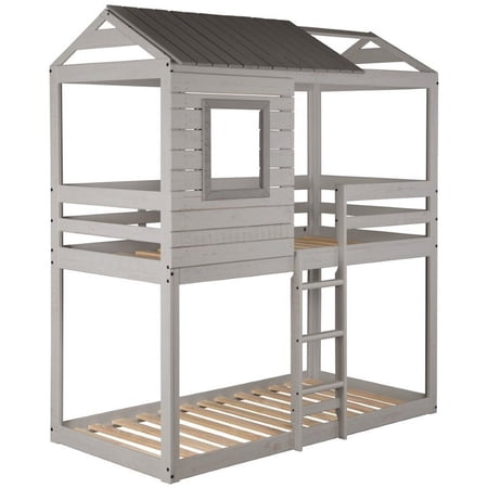 Pemberly Row Twin Over Twin Solid Wood Bunk Bed in Rustic Gray