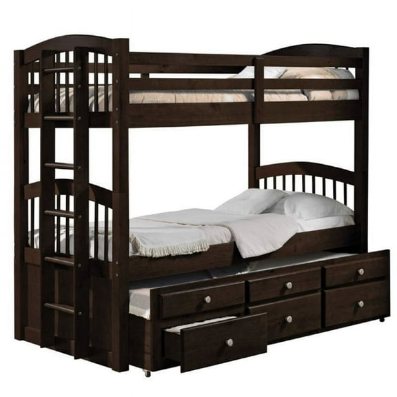 Pemberly Row Twin Over Twin Storage Bunk Bed with Trundle in Espresso