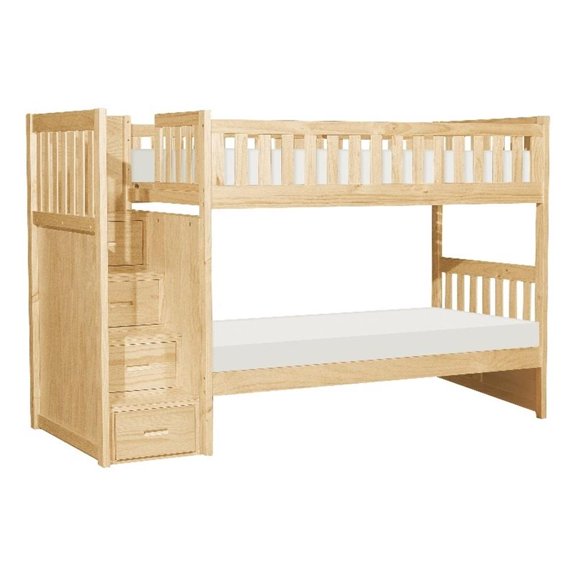 Pemberly Row Twin Over Twin Storage Step Bunk Bed in Natural Brown