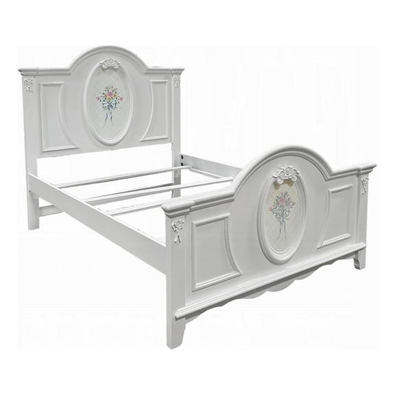 Pemberly Row Twin Size Bed Floral Motifs Arched Headboard in Classic White Wood
