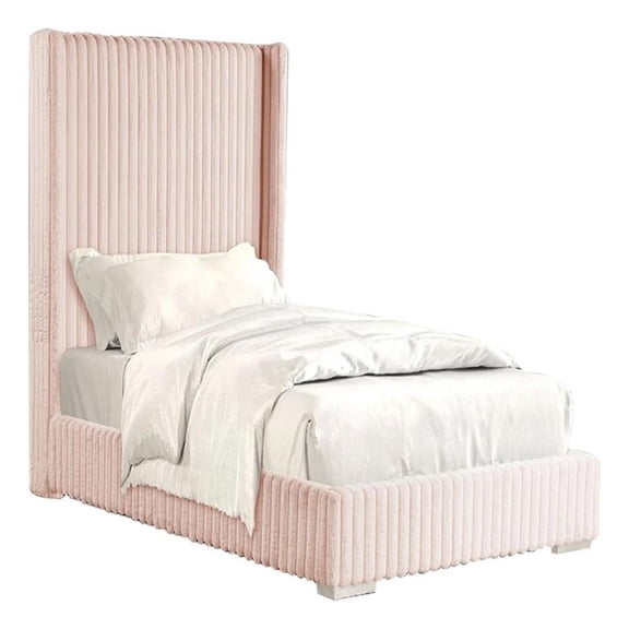Pemberly Row Twin Size Bed with Pink Channel Tufted Fur Chenille Upholstery