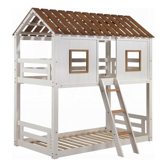Pemberly Row Twin Size Bunk Bed House Design with Ladder White Rustic Wood