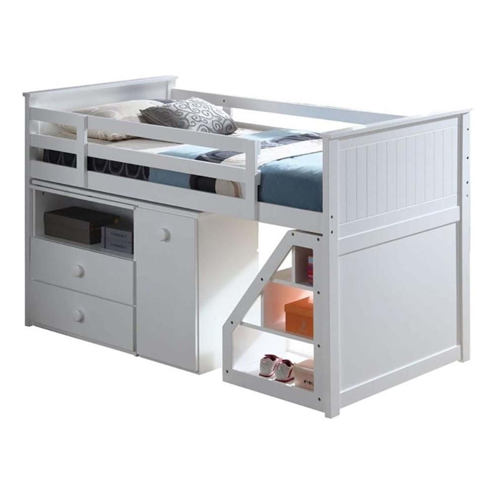 White Twin Loft Bed with Storage Ladder and Desk