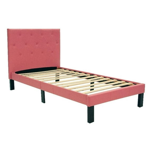 Pemberly Row Twin Upholstered Bed Frame with Slats in Pink Faux Leather
