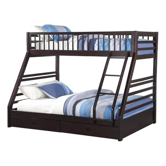 Pemberly Row Twin over Queen Size Bunk Bed in Wood with Storage in Espresso