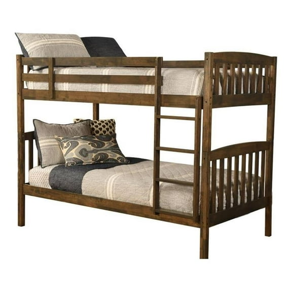 Pemberly Row Twin over Twin Size Bunk Bed in Wood in Brown - Easy Assembly