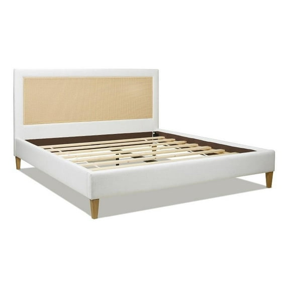 Pemberly Row Upholstered Cane Back Platform Bed King Eggshell White Linen