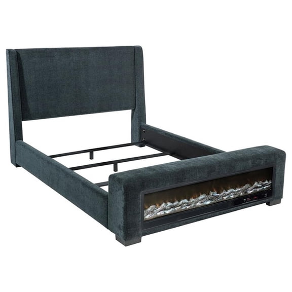 Pemberly Row Upholstered Eastern King Flame Visualizer Bed in Dark Blue