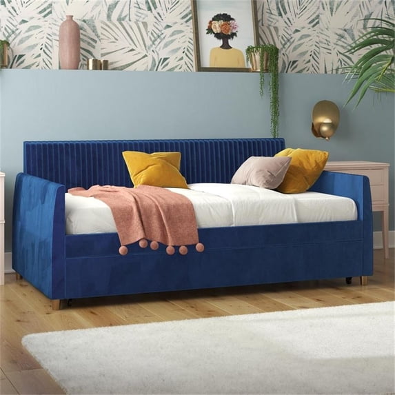 Pemberly Row Upholstered Fabric & Velvet Twin Daybed with Trundle in Blue
