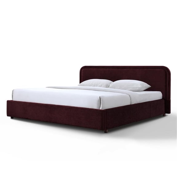 Pemberly Row Upholstered King Platform Bed with Rounded Headboard in Burgundy