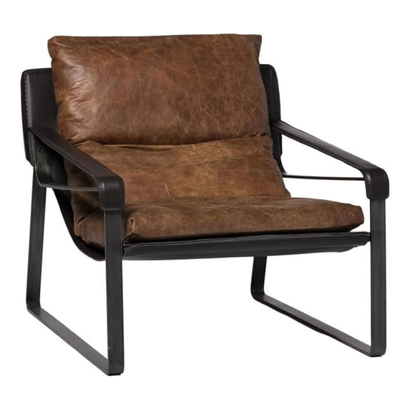 Pemberly Row Upholstered Modern Leather & Iron Club Chair in Brown/Black