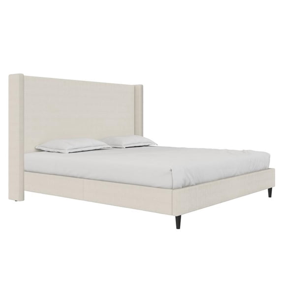 Pemberly Row Upholstered Platform Bed Frame - King in Textured Ivory Canvas