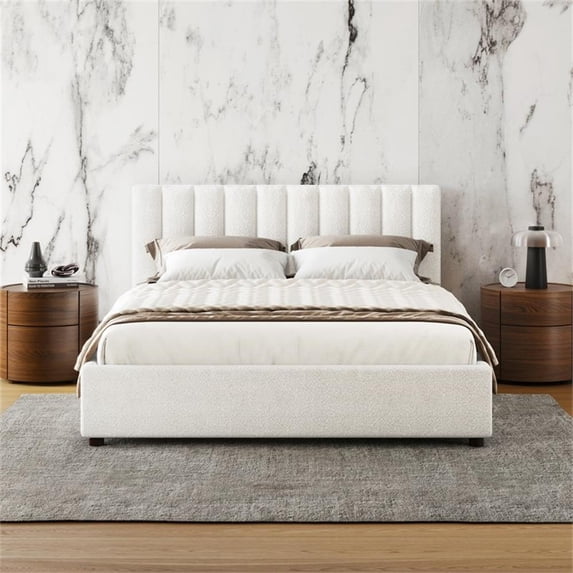 Pemberly Row Upholstered Platform Queen Bed in White Boucle Fabric