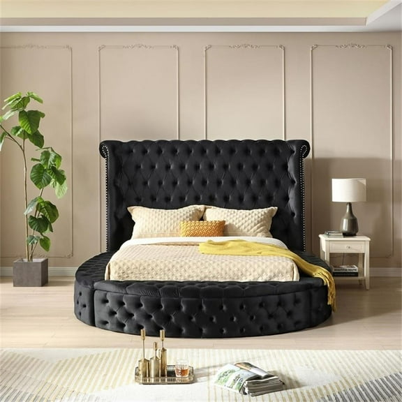 Pemberly Row Upholstered Queen Round Storage Bed in Black Color