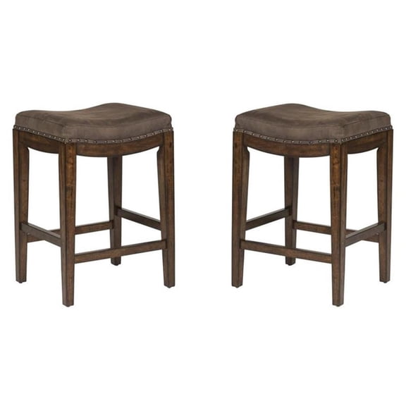Pemberly Row Upholstered Saddle Wood BarStool in Walnut Gray - Set of 2
