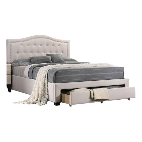 Pemberly Row Upholstered Tufted Queen Bed with Under Bed Storage in Ivory Burlap