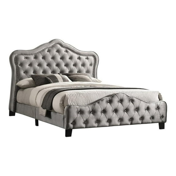 Pemberly Row Upholstered Tufted Velvet Queen Panel Bed in Gray