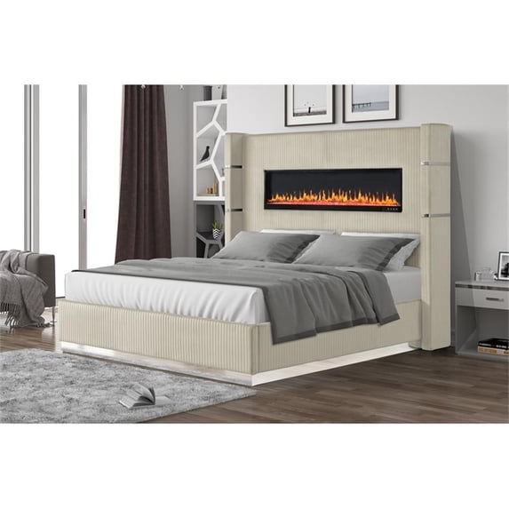 Pemberly Row Upholstery Wooden Queen Bed w/ Ambient lighting-Beige Velvet Finish