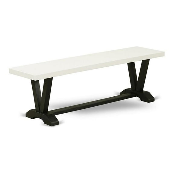 Pemberly Row V-Style 15x60" Wood Dining Bench in Black/Linen White