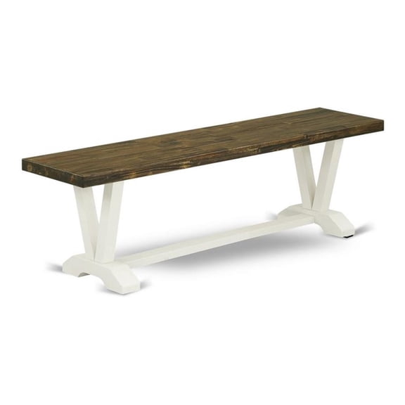 Pemberly Row V-Style 15x60" Wood Dining Bench in White/Brown