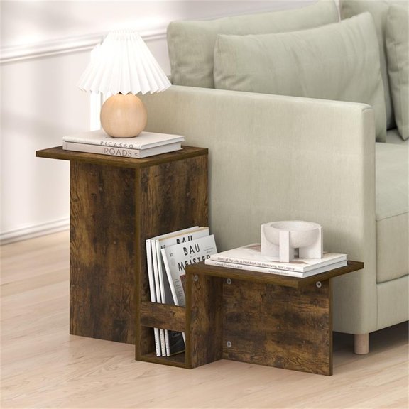 Pemberly Row Valley-Shaped End Table with Tiered Shelves in Amber Pine