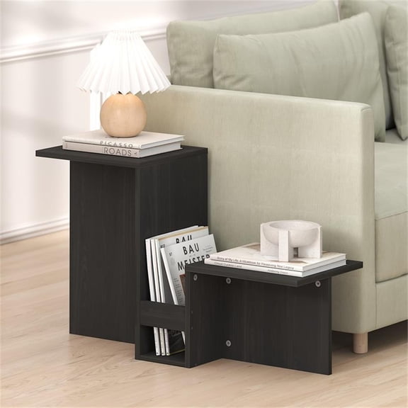 Pemberly Row Valley-Shaped End Table with Tiered Shelves in Espresso